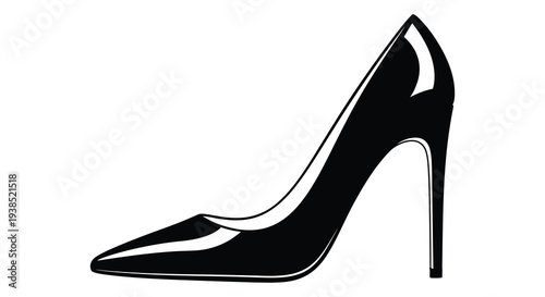 A sleek black high heeled pump shoe is displayed in a minimalist side profile illustration high quality professional