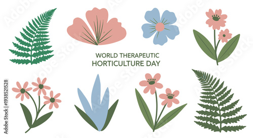 Delicate Hand drawn Botanical Elements and Text for World Therapeutic Horticulture Day Celebration