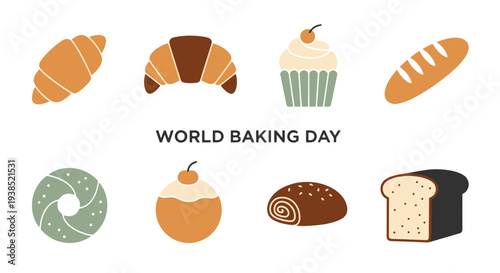 Assortment of Delicious Baked Goods Including Croissants Cupcakes Bagel Cinnamon Roll and Bread Slices for World Baking Day Celebration