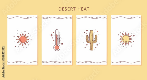 Desert Heat Summer Sun Cactus Thermometer Icons Set