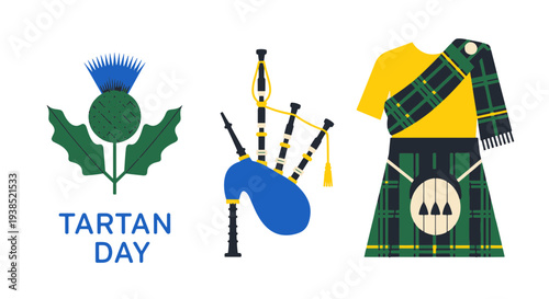 Traditional Scottish Tartan Day Symbols a Thistle Bagpipes and a Kilt Outfit Celebrating Scottish Heritage and Culture with Flat Design Elements
