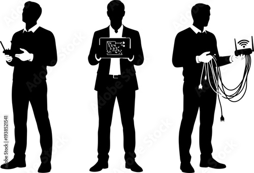 Silhouetted figures holding walkie talkie, tablet with network diagram, and Wi-Fi router, representing modern communication technology, IT support, and network engineering concepts