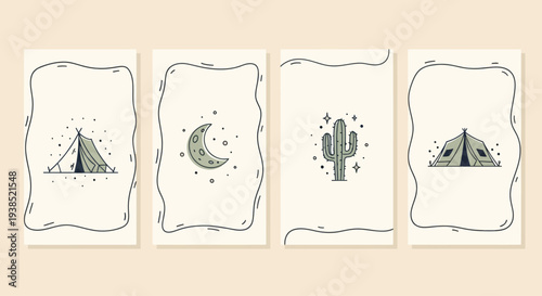 Boho Camping Icons: Tent, Moon, Cactus, Stars - Minimalist Desert Adventure Set