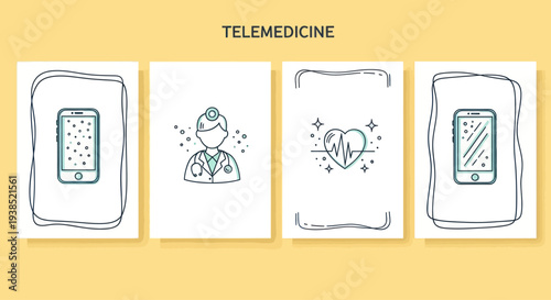 Telemedicine Icons: Doctor, Heartbeat, Mobile Phone, Health