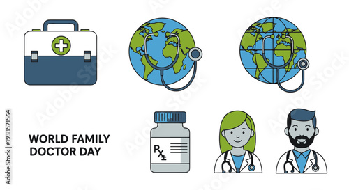 World Family Doctor Day Concept with Medical Kit Globe Stethoscope Prescription Bottle and Doctor Characters Representing Healthcare Professionals Around the World