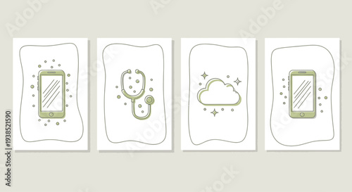 Digital Health Icon Set: Smartphone, Stethoscope, Cloud, Mobile App