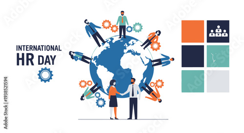 International Hr Day Graphic with Diverse Business People Connected Around a Stylized Globe Gears Symbolizing Teamwork and Global Collaboration