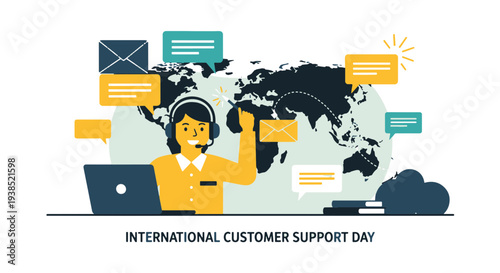 Customer Support Operator Wearing Headset with Microphone Working on Laptop Near World Map and Communication Icons for International Day of Service