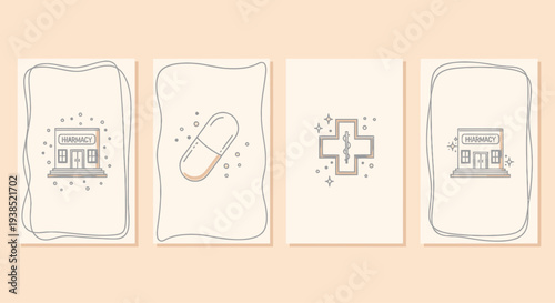 Pharmacy Icons Set: Building, Capsule, Caduceus, Healthcare Symbols