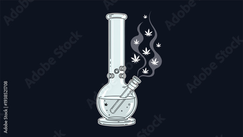 Illustration of a glass water pipe for smoking with clouds of smoke containing green cannabis leaf patterns on a dark background.