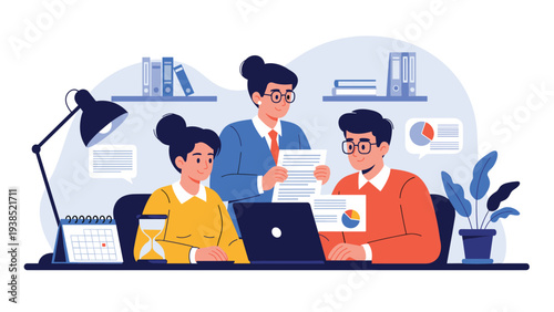 Diverse office colleagues collaborating on a project with a laptop, documents, and charts in a modern workspace.