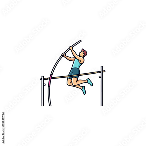 Male athlete performing pole vaulting action in a simple illustration.