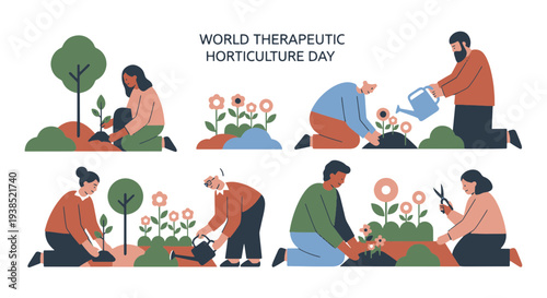 Diverse People Engaged in Therapeutic Horticulture Planting and Watering Flowers and Trees Celebrating Growth and Well being Outdoors