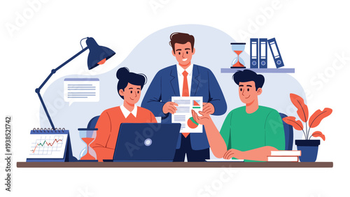 Professional business team engaged in a meeting featuring a presentation board with data visualizations and active discussions.