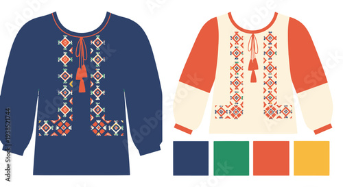 Traditional Folk Embroidered Shirts with Rhombus Patterns Tassels and Geometric Ornaments Presented in Two Color Variations with a Palette of Four Colors for Design Inspiration