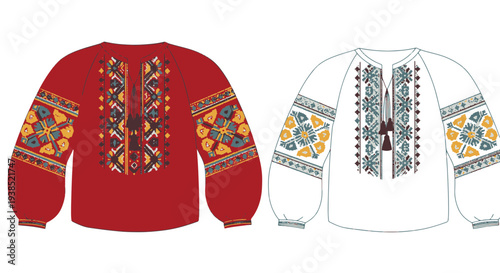 Traditional Red and White Ethnic Shirts with Intricate Floral and Geometric Embroidery Patterns Featuring Tassels