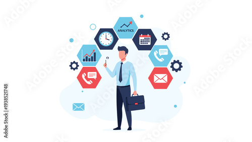 Businessman standing and holding a magnifying glass while surrounded by hexagonal icons for different business processes and analytics.
