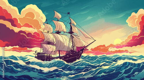 Vibrant illustration of a sailing ship navigating the open ocean under a colorful sky