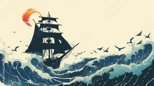Sailing ship on rough seas with flying birds under a setting sun