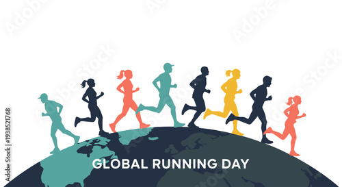 Diverse Group of People in Silhouette Running Around the Globe in Celebration of Global Running Day with Vibrant Colors