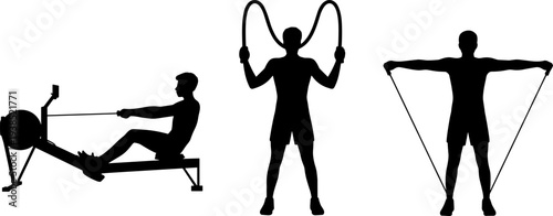 Person using rowing machine, athlete jumping rope, fitness enthusiast exercising with resistance bands, workout silhouettes, health training, cardio and strength illustration