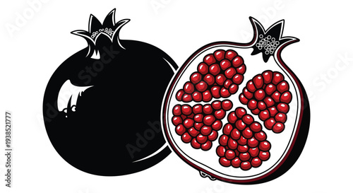 A stylized illustration depicts a whole and a halved pomegranate showcasing its vibrant red seeds