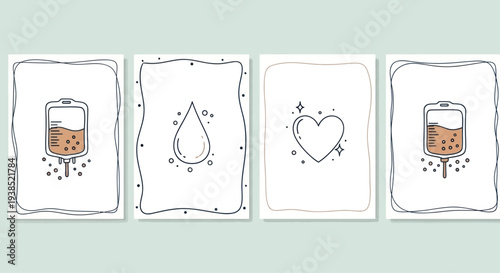 Hand-Drawn Blood Bag, Drop, and Heart Icons with Decorative Borders