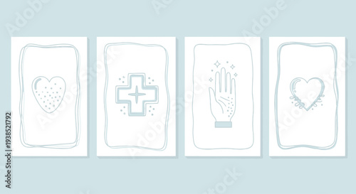 Medical Icons Set: Heart, Cross, Hand, Heart - Hand-Drawn Style
