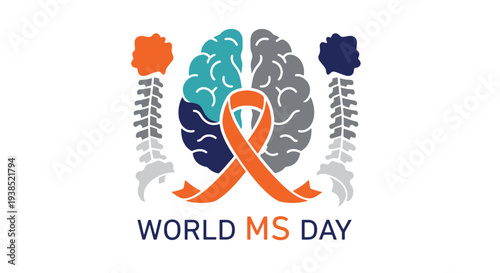 World Ms Day Symbolic Graphic of Brain and Spine with Orange Ribbon and Text