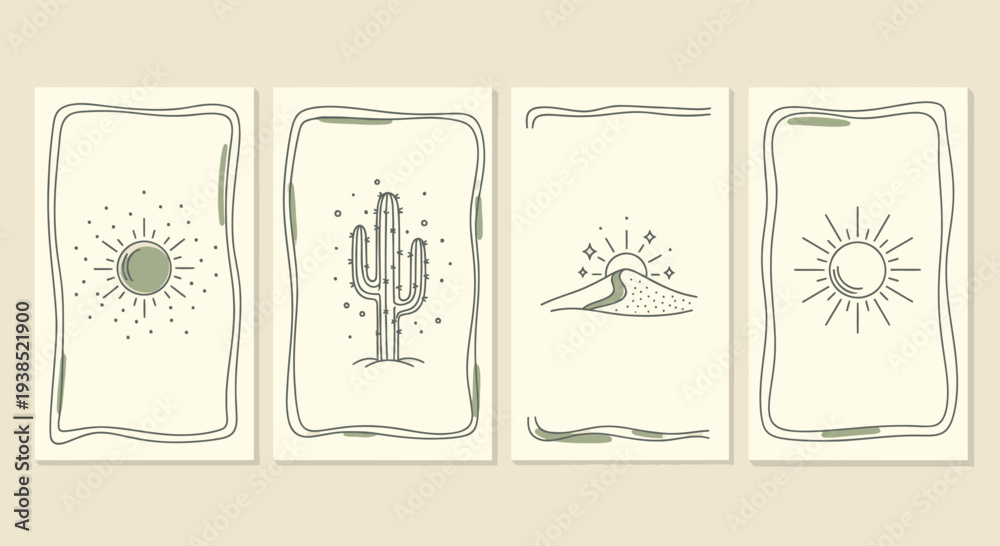 Εκτύπωση καμβά Bohemian Desert Sun and Cactus Line Art Posters