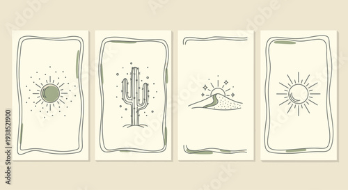 Bohemian Desert Sun and Cactus Line Art Posters