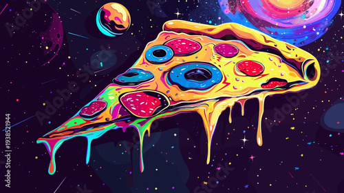 Psychedelic pizza slice floating in space with planets and stars