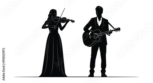 Silhouetted musicians performing a violinist and a guitarist in a stark contrasting scene high quality professional