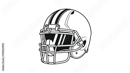 Detailed black and white line art illustration of classic American football protective helmet for sports equipment.