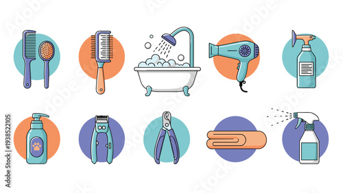 Comprehensive set of pet grooming equipment icons including brushes, clippers, bathtub, and hair dryer for animal care.
