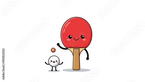 Cute personified table tennis racket and ping pong ball characters smiling and interacting in a playful sports graphic.
