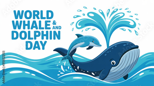 Whale and dolphin swimming together on world whale and dolphin day with water splash