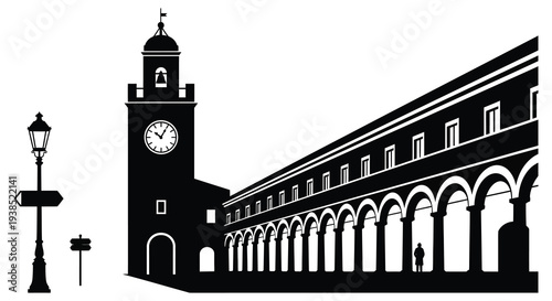 A striking black and white illustration of a clock tower colonnade and street lamp high quality
