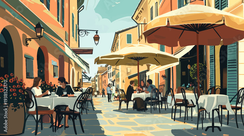 Charming european street scene with outdoor cafes and people dining