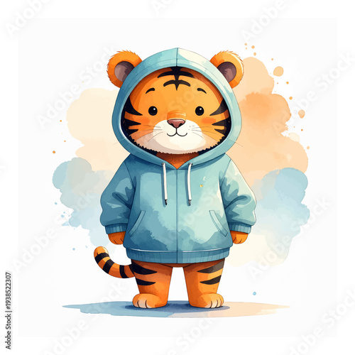 Cartoon Tiger Wearing Blue Hoodie.