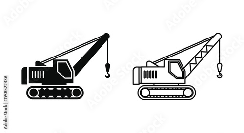 Two construction cranes depicted in a minimalist black and white silhouette