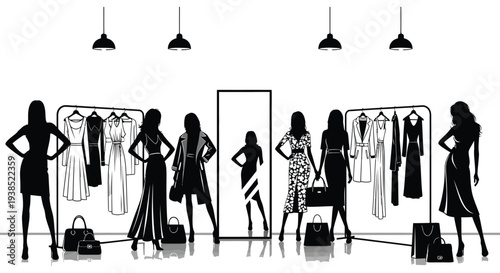 A stylish black and white illustration depicts women shopping for clothes in a modern boutique