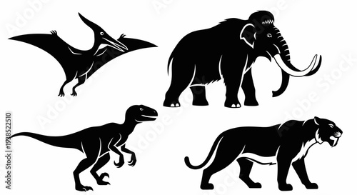 Prehistoric Animal Silhouettes Collection: Mammoth, Pterodactyl, Velociraptor, Saber-Toothed Tiger