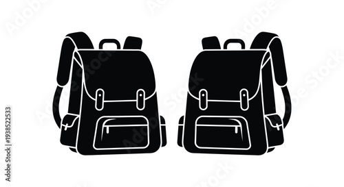 Two black school backpacks displayed against a white background silhouette