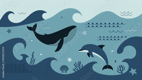 Whale and dolphin swimming together in ocean waves with seaweed and coral marine life illustration