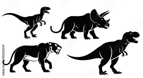 Prehistoric Animal Silhouettes Set: Dinosaurs and Saber-toothed Tiger Vector Icons