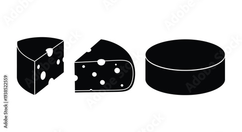 Three cheese shapes in black a slice wedge and wheel silhouette