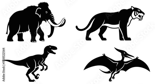 Prehistoric Animal Silhouettes Set: Mammoth, Saber-Toothed Tiger, Velociraptor, Pterodactyl