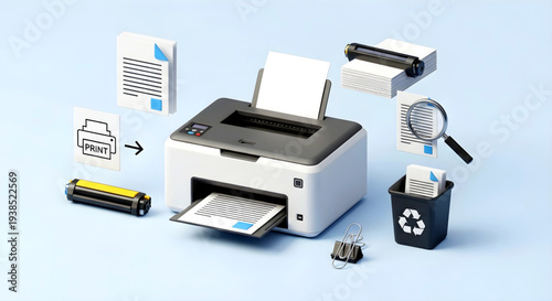 Modern office printer in operation surrounded by paper, ink, and recycling bin with magnifying glass inspecting print quality from a front viewpoint.