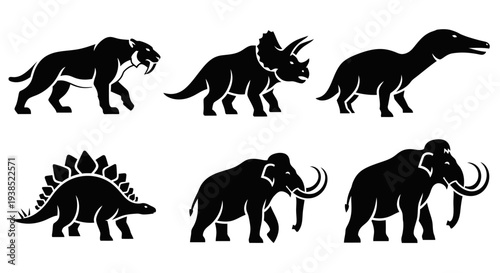 Prehistoric Animal Silhouettes Set: Saber-tooth, Triceratops, Stegosaurus, Mammoths, and Ancient Beast